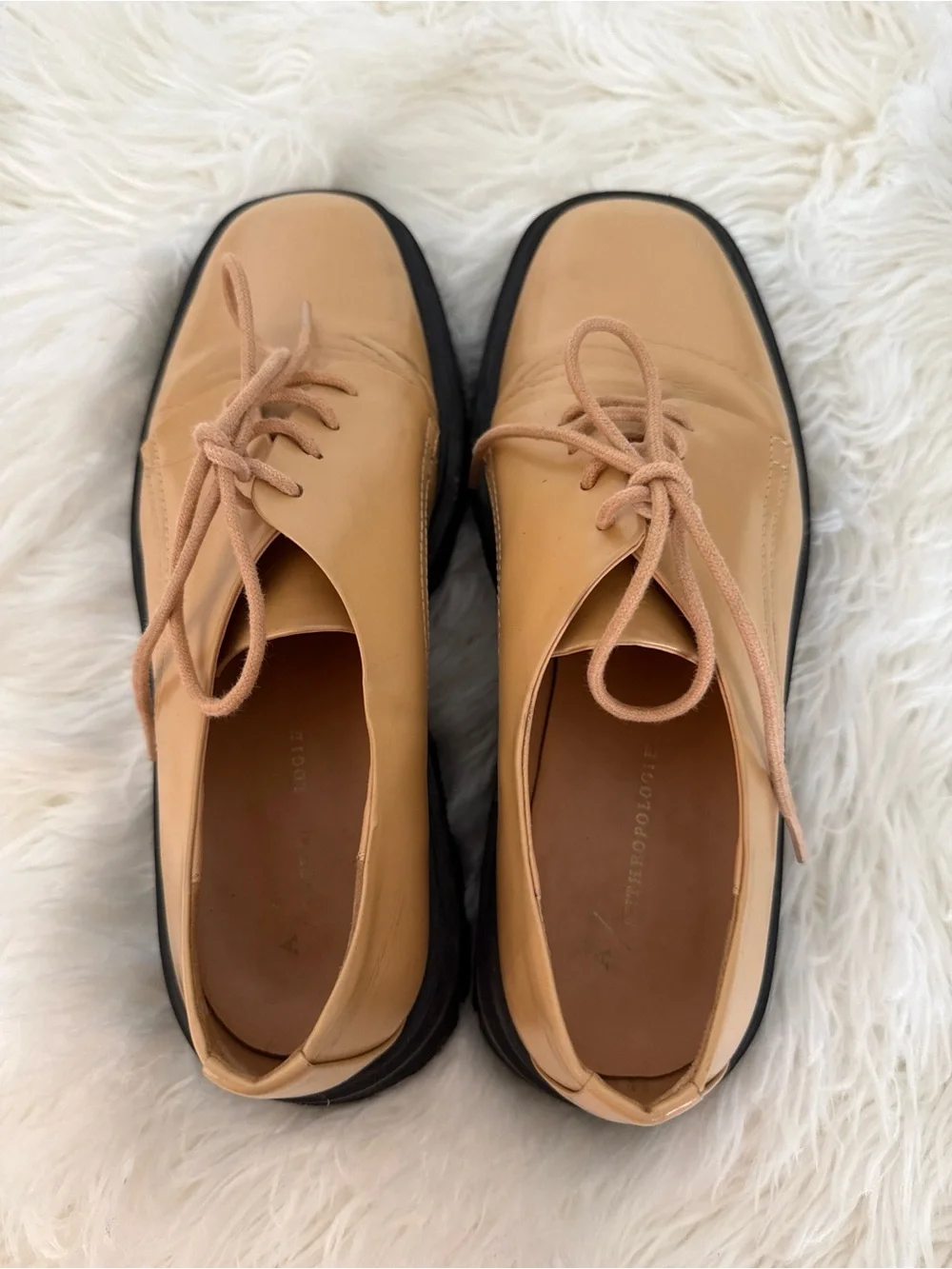 Anthropologie Tan Leather Derby Shoes with Black Sole